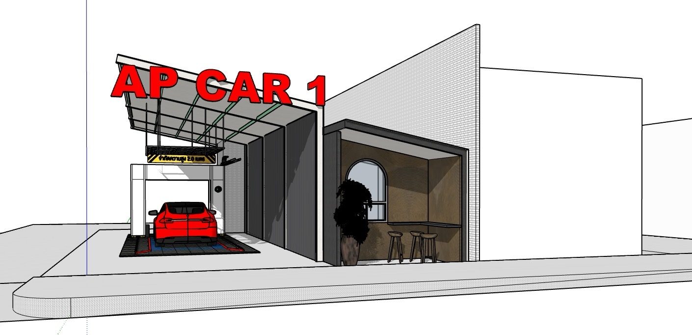 โมเดลสามมิติร้านล้างรถ AP Smart Wash ช่วงศึกษารูปทรงอาคารและหลังคาคลุมลานล้าง
