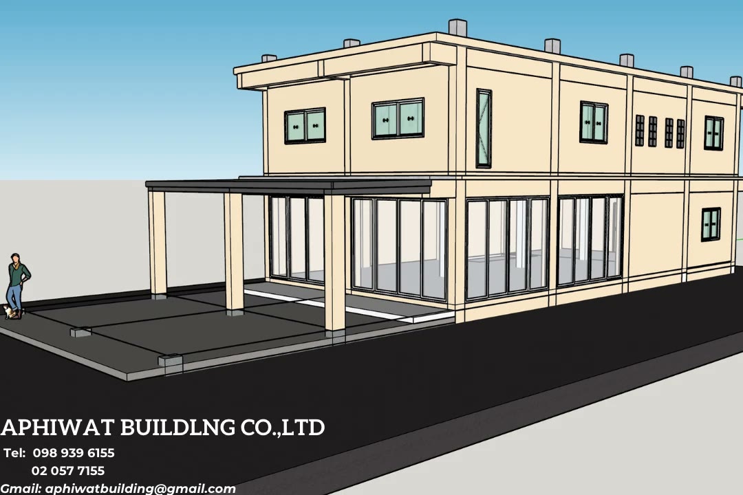แบบ 3D บ้าน 2 ชั้น สไตล์โมเดิร์น หลังคาแบน ชั้นล่างกระจกเต็มแนว มีชายคาคลุมลานหน้าบ้าน