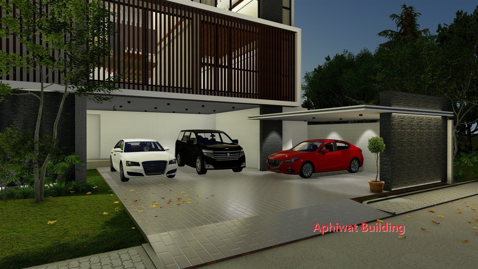 ภาพ 3D ด้านหน้าและโรงจอดรถ