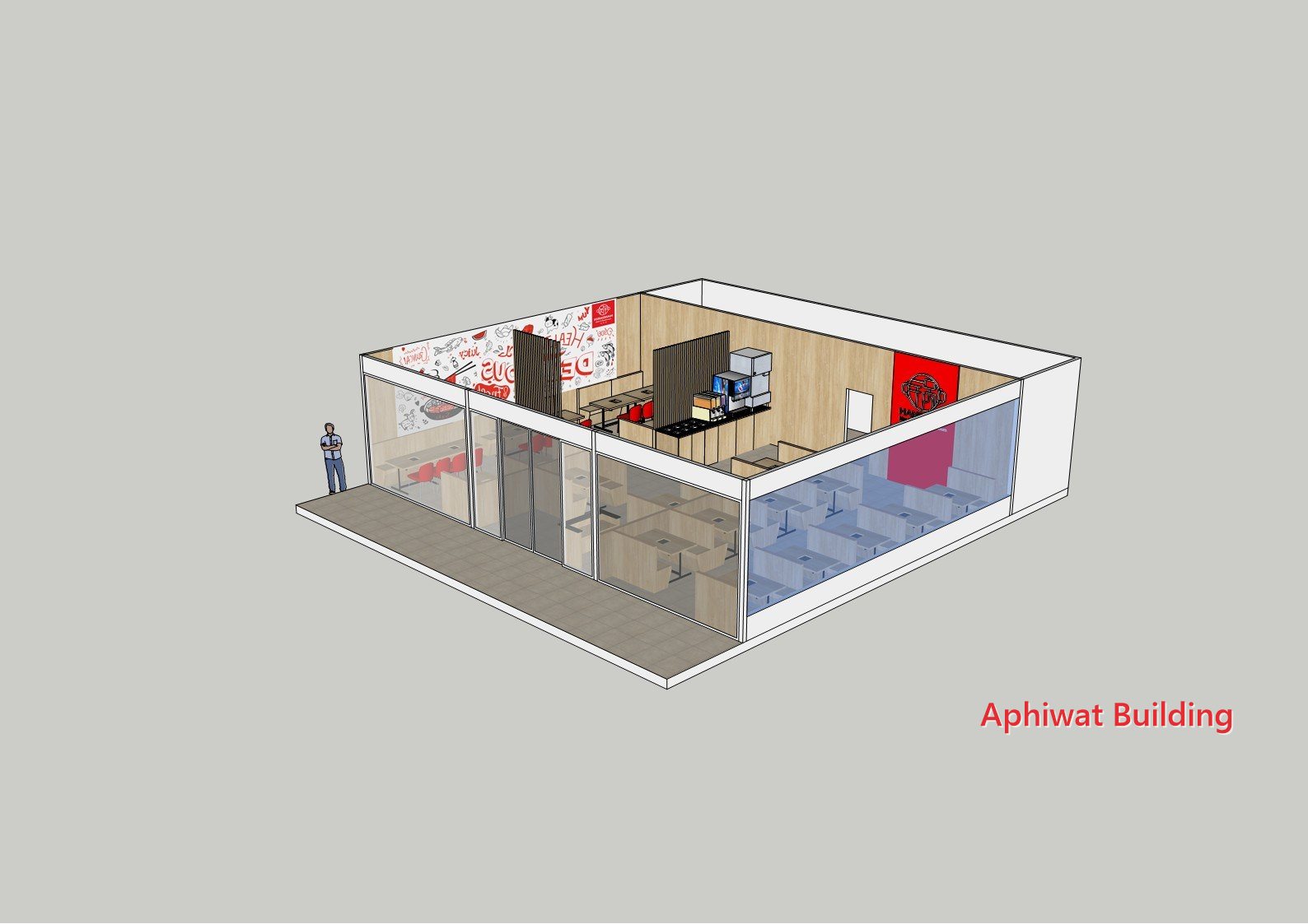 ภาพ 3D — ผังร้านและเฟอร์นิเจอร์ที่อภิวัฒน์ บิวดิ้งออกแบบ