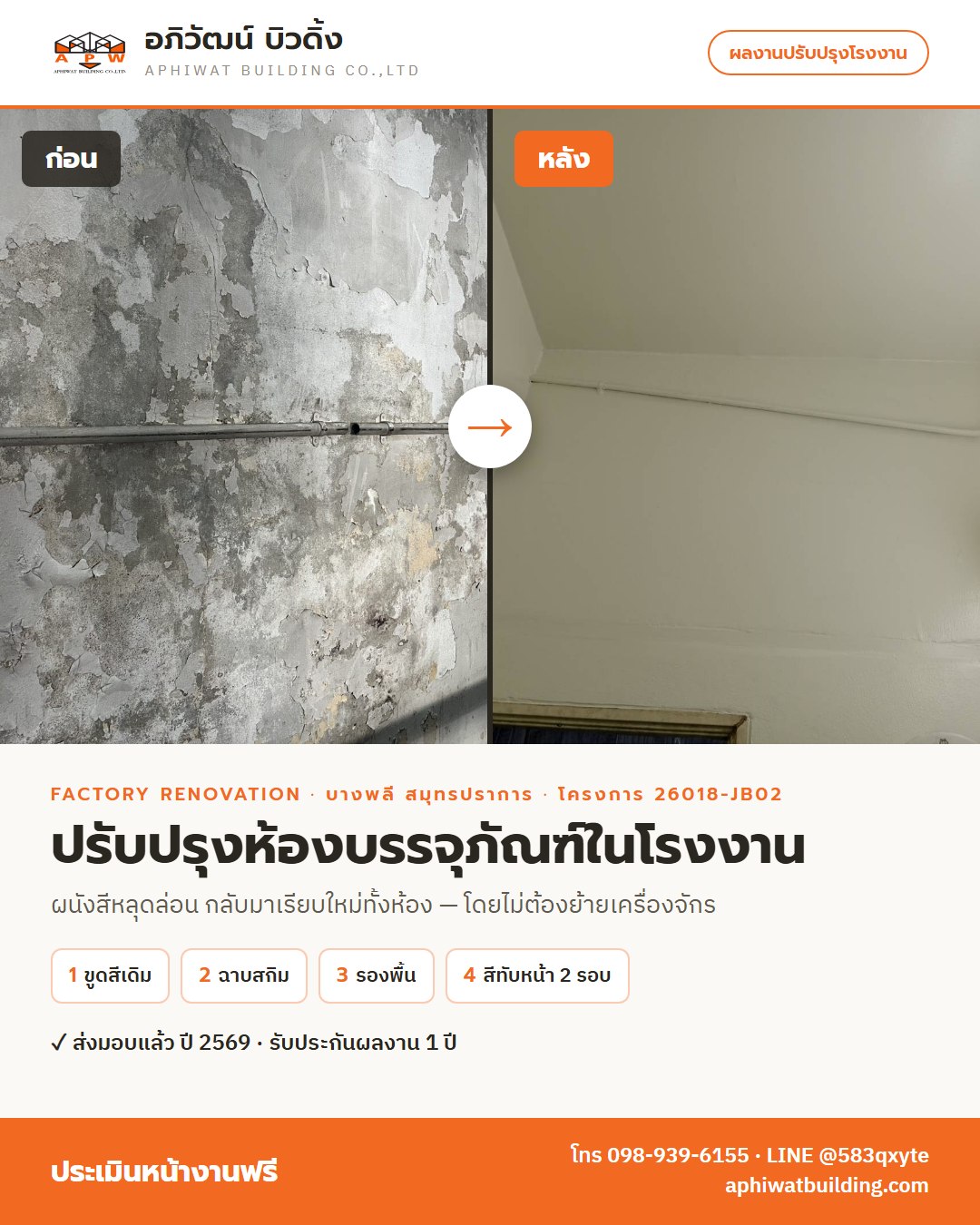 โปสเตอร์สรุปโครงการปรับปรุงห้องบรรจุภัณฑ์ในโรงงาน บางพลี โครงการ 26018-JB02 ภาพก่อนและหลัง