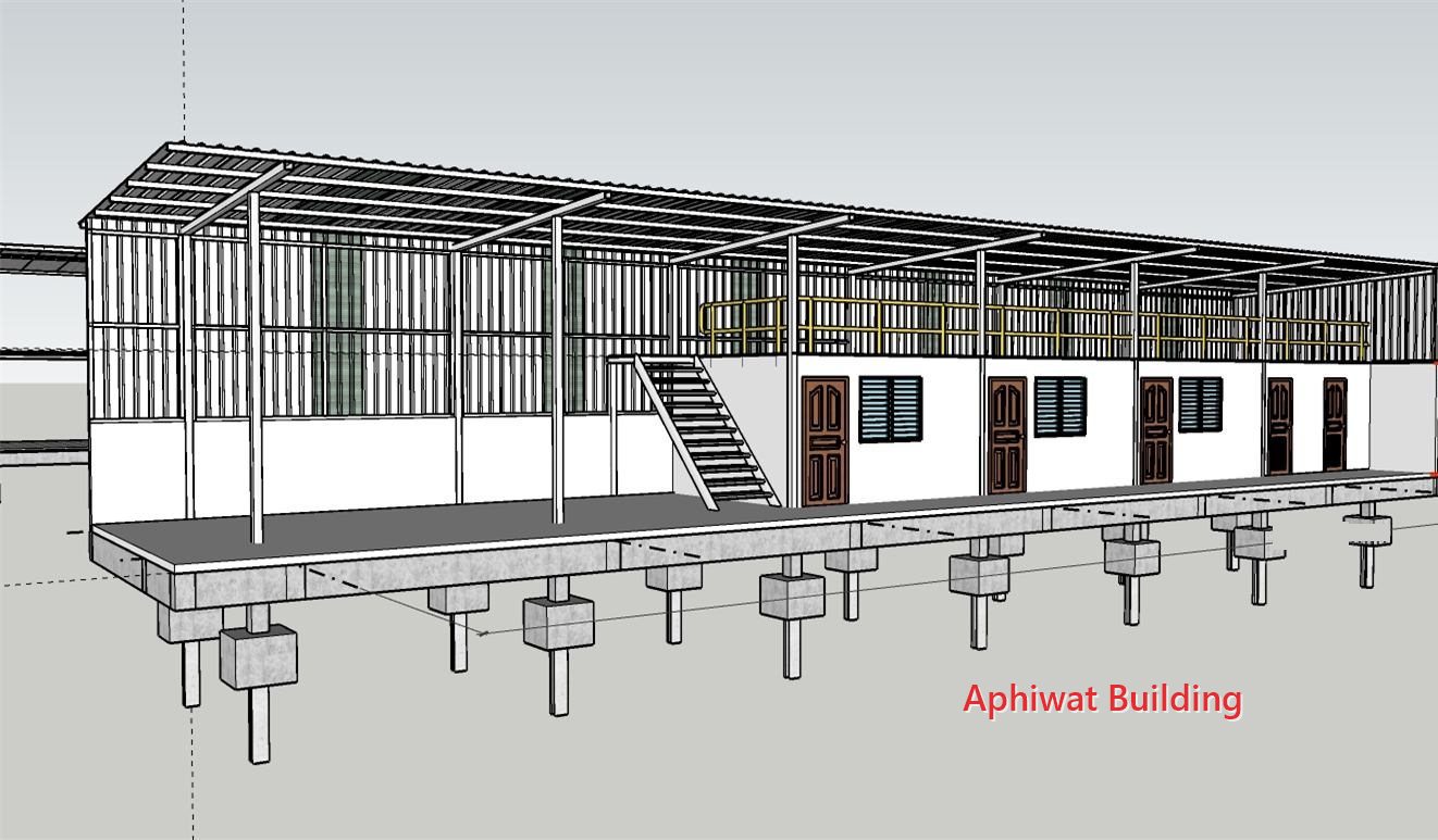 ออกแบบ — แบบ 3D อาคารต่อเติมและแถวห้องพนักงาน