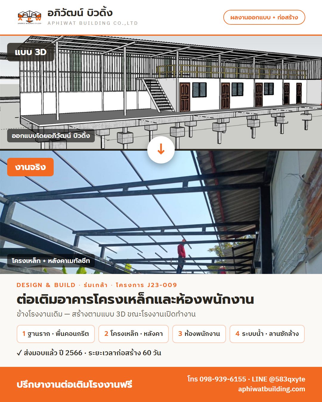 โปสเตอร์สรุปโครงการ J23-009 ต่อเติมอาคารโครงเหล็กและห้องพนักงาน โรงงานย่านร่มเกล้า