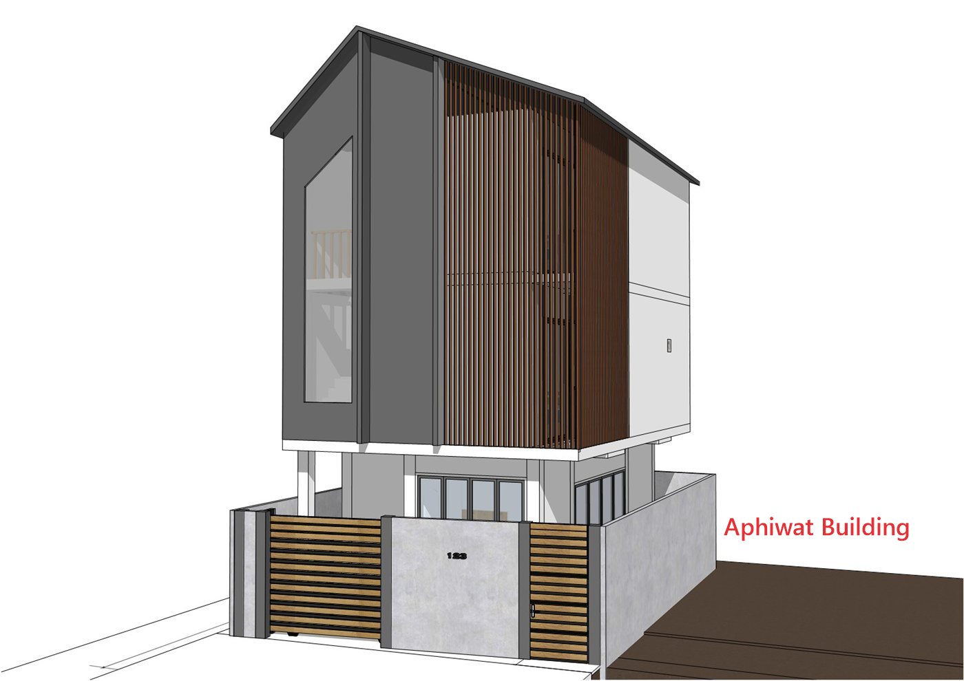 แบบ 3D บ้าน 3 ชั้น ผนังระแนงไม้ ออกแบบโดยอภิวัฒน์ บิวดิ้ง