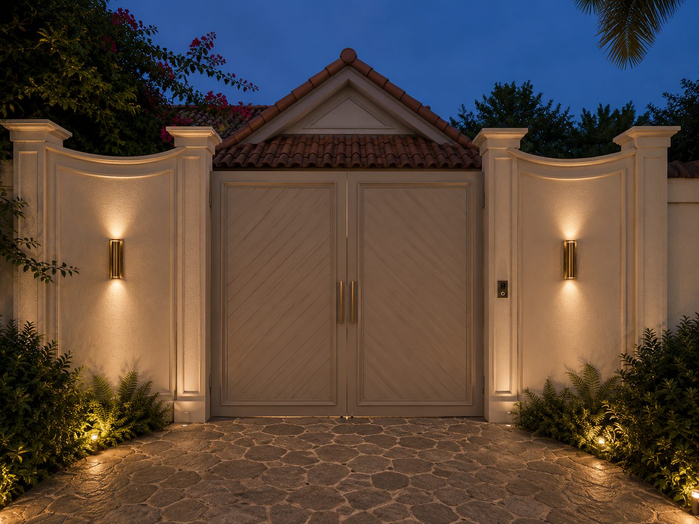 ทางเข้า Pool Villa พัทยา ประตูสีครีม หลังคาคลาสสิก ไฟ Wall sconce APW