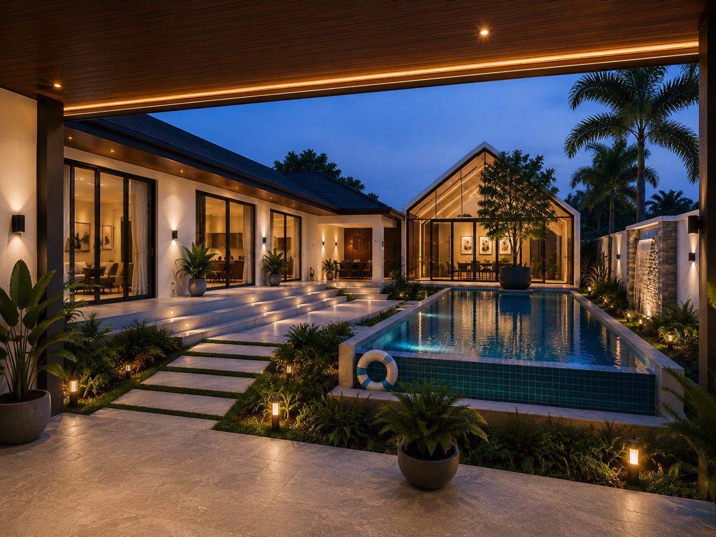 Pool Villa พัทยา มุมสระว่ายน้ำ พื้นที่พักผ่อนกลางแจ้ง ต้นไม้ล้อมรอบ ไฟตกแต่งยามค่ำ APW