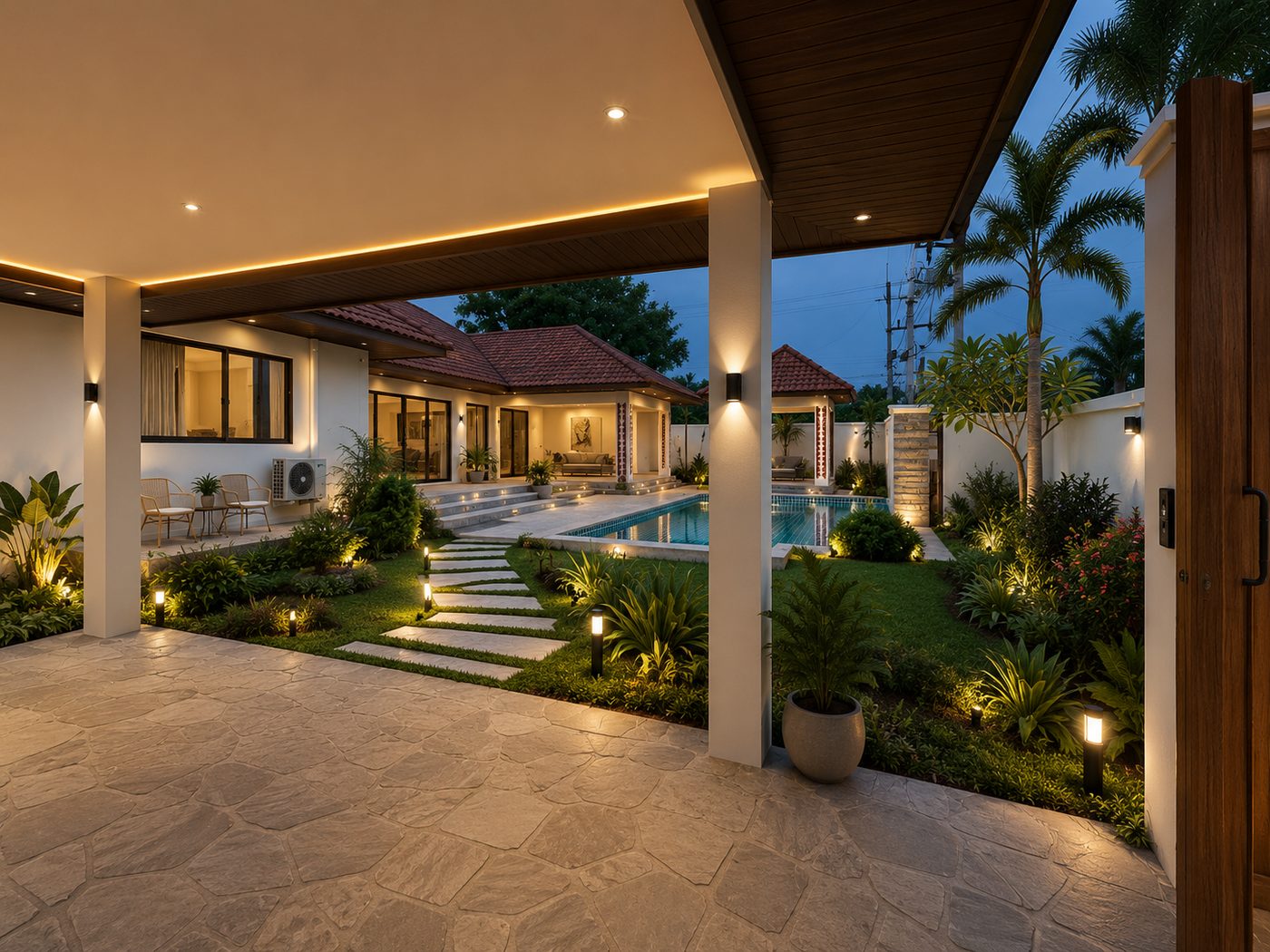 Pool Villa พัทยา มุมสวน สระว่ายน้ำ ทางเดินหิน ไฟ LED กลางคืน APW Aphiwat Building